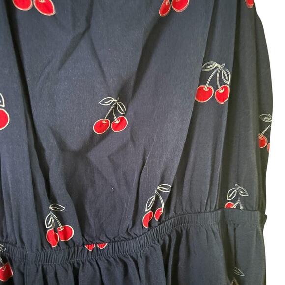 Navy Blue Cherry Print Dress - Spaghetti Straps Cinched Waist Flowy Summer Style - Picture 3 of 5